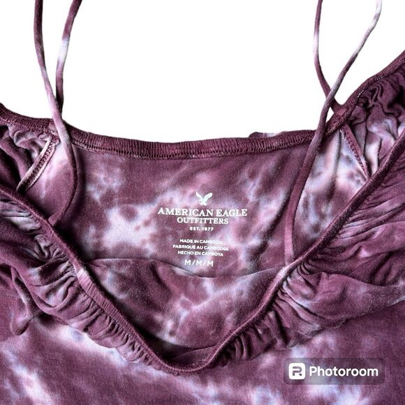 •American Eagle Tie-Dye Off-Shoulder Ruffle Bodysuit M Red Cropped Snap Closure - Picture 2 of 5